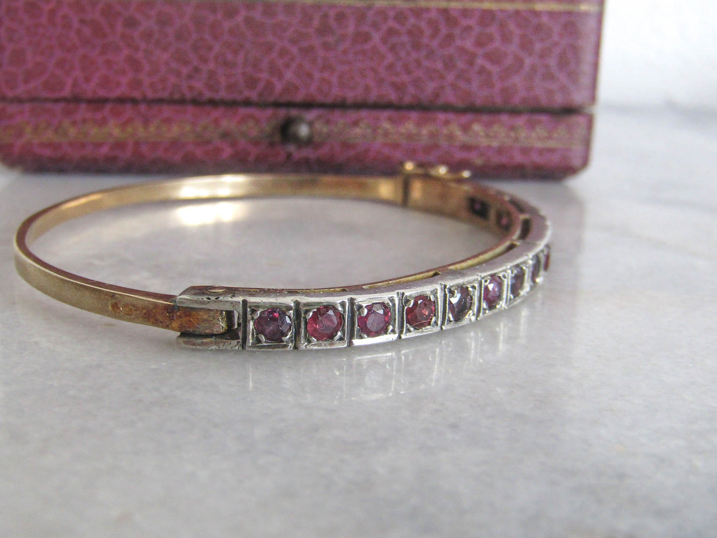 Vintage 18k Gold and Silver Red Spinel Bangle Bracelet c. 1940, Art Deco French Opening Bracelet with Box Clasp