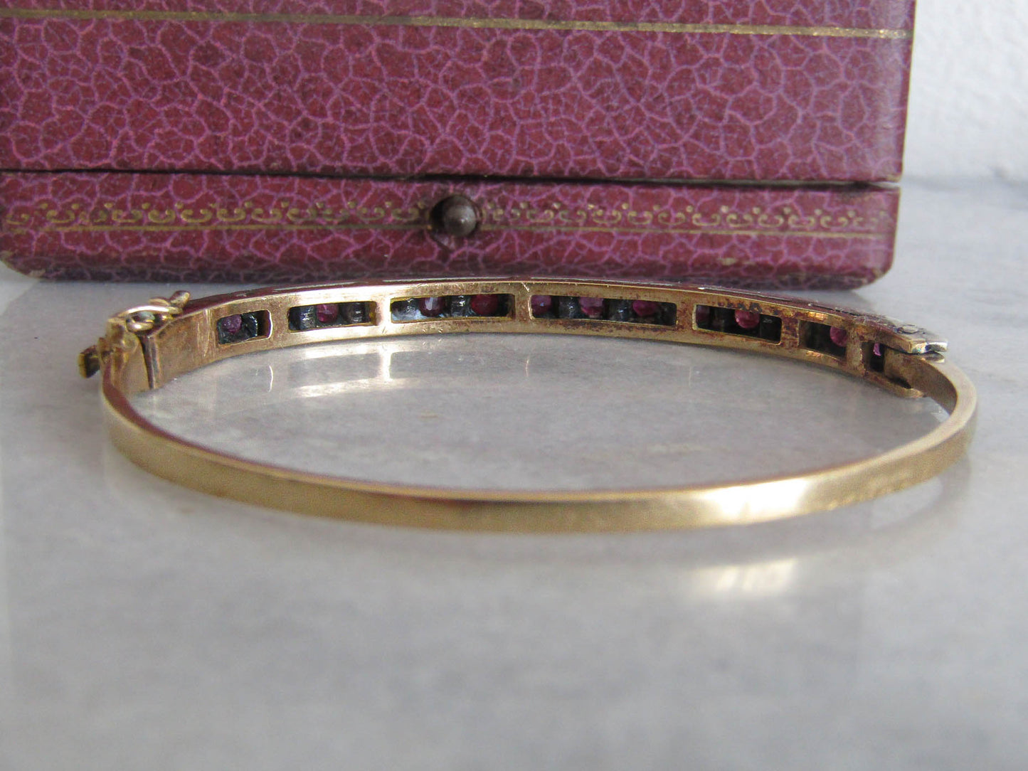 Vintage 18k Gold and Silver Red Spinel Bangle Bracelet c. 1940, Art Deco French Opening Bracelet with Box Clasp