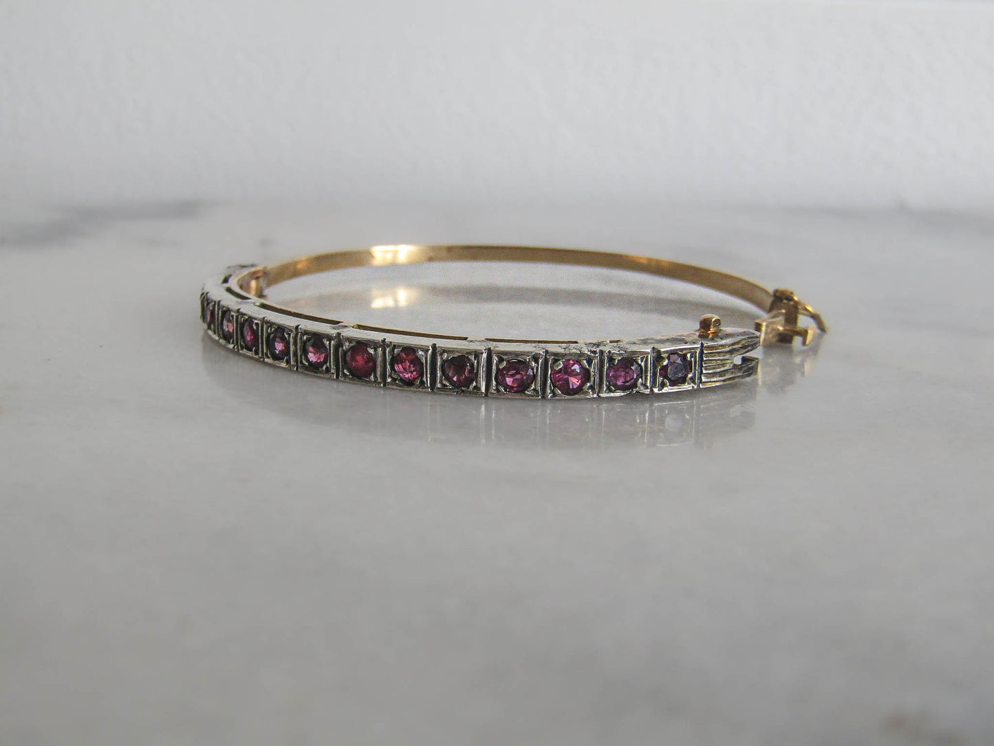 Vintage 18k Gold and Silver Red Spinel Bangle Bracelet c. 1940, Art Deco French Opening Bracelet with Box Clasp