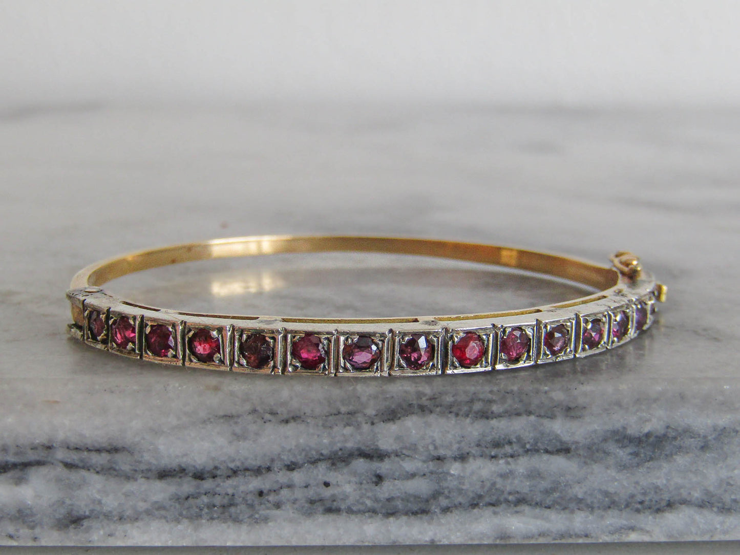 Vintage 18k Gold and Silver Red Spinel Bangle Bracelet c. 1940, Art Deco French Opening Bracelet with Box Clasp