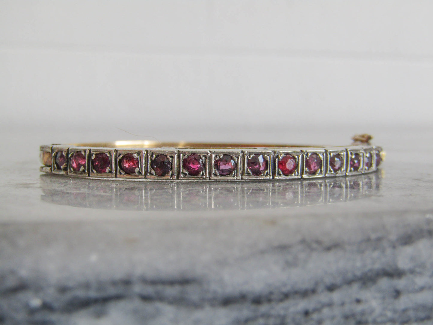 Vintage 18k Gold and Silver Red Spinel Bangle Bracelet c. 1940, Art Deco French Opening Bracelet with Box Clasp