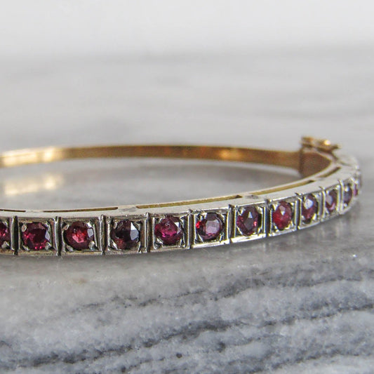 Vintage 18k Gold and Silver Red Spinel Bangle Bracelet c. 1940, Art Deco French Opening Bracelet with Box Clasp