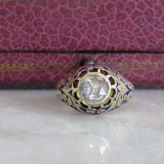 FOILED Rose Cut Diamond 14K Gold Royal Blue Enamel Ring c. 1840, Early Victorian French Royal Blue Enameled Ring
