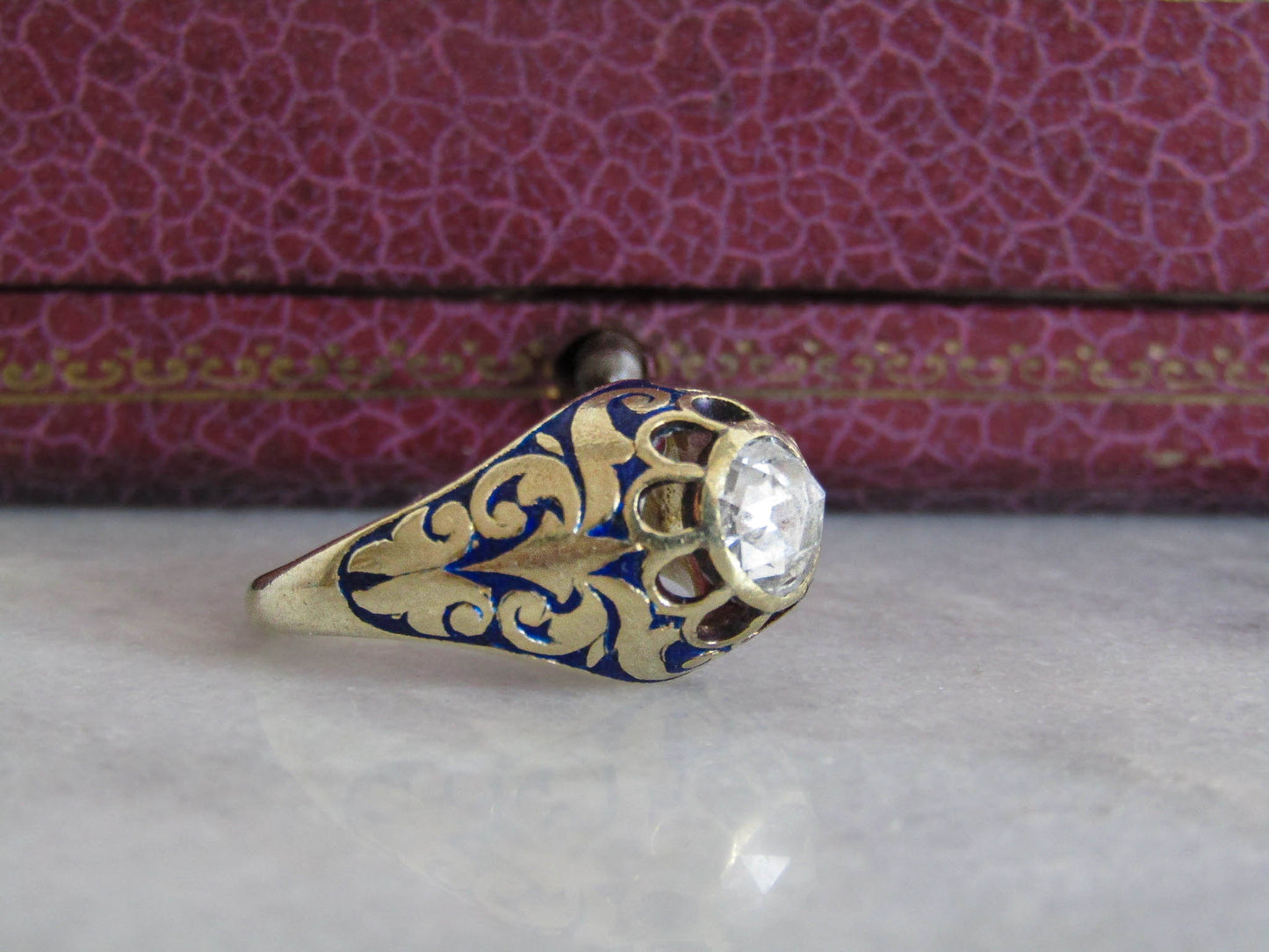 FOILED Rose Cut Diamond 14K Gold Royal Blue Enamel Ring c. 1840, Early Victorian French Royal Blue Enameled Ring