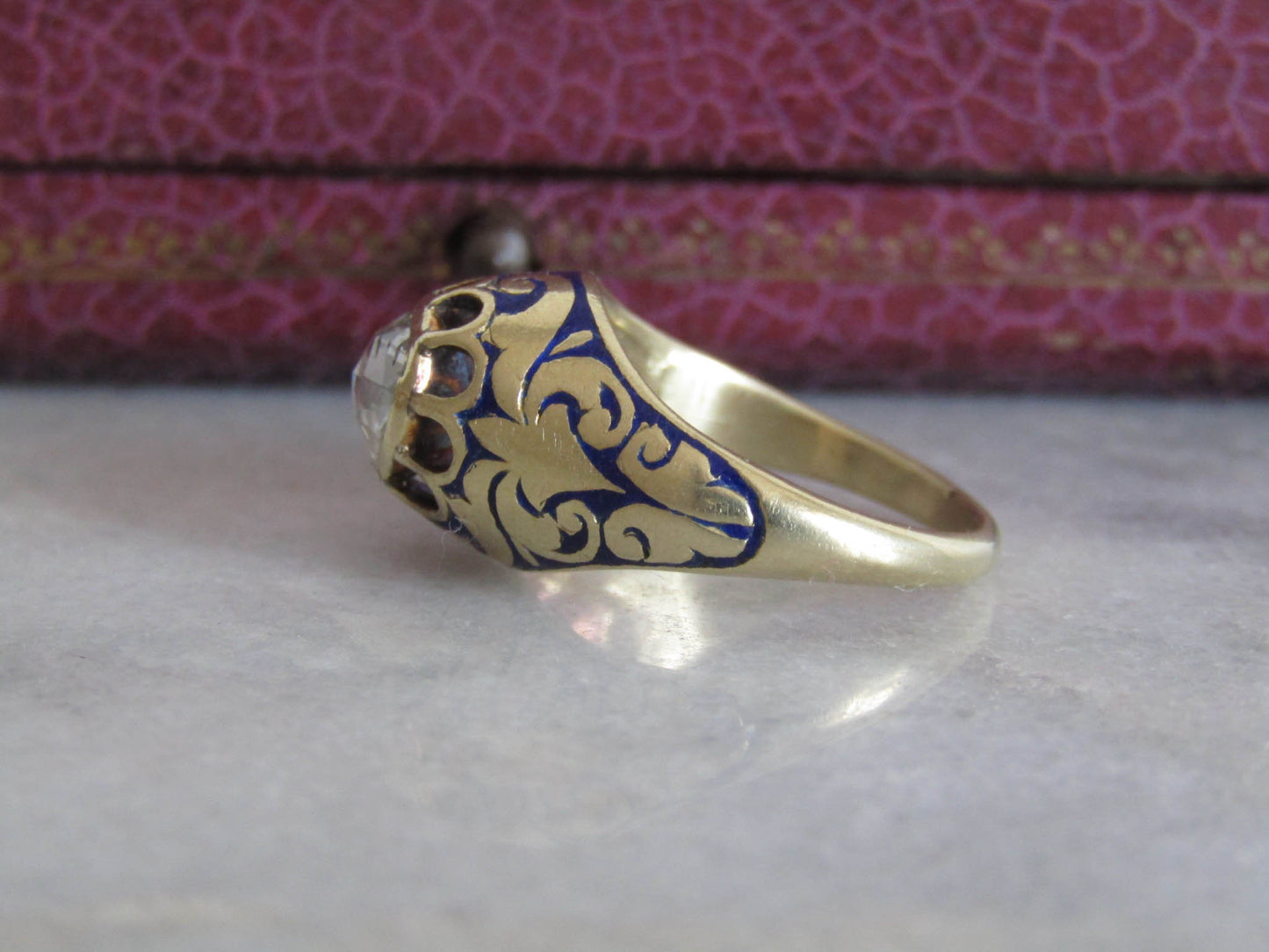 FOILED Rose Cut Diamond 14K Gold Royal Blue Enamel Ring c. 1840, Early Victorian French Royal Blue Enameled Ring