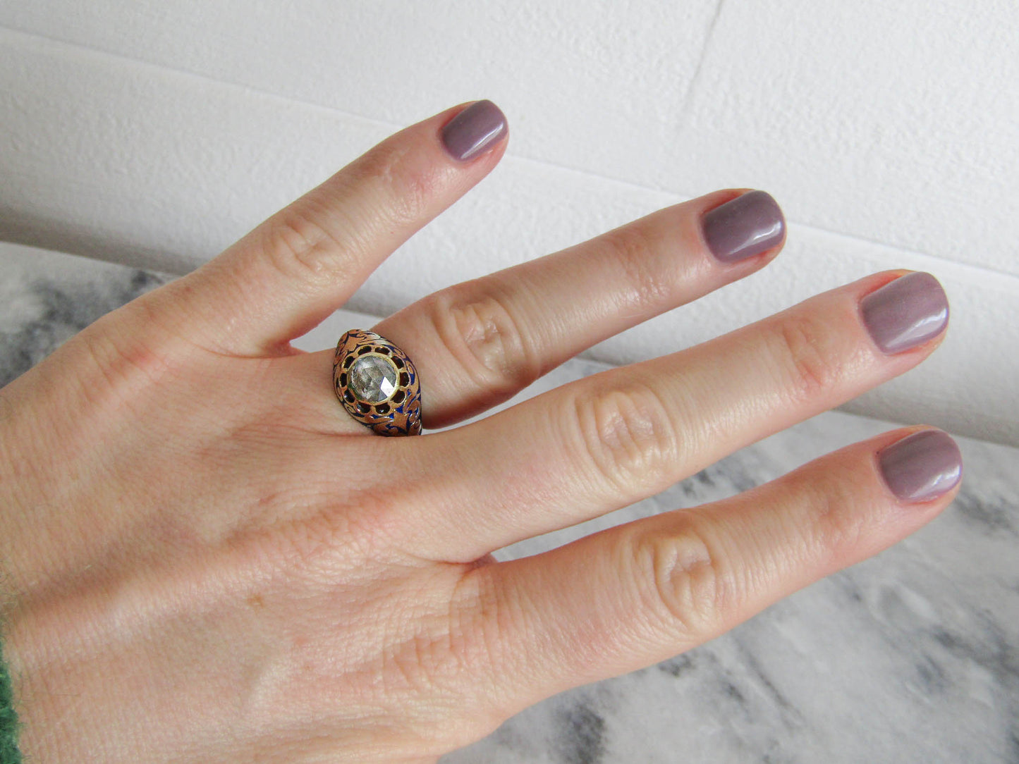 FOILED Rose Cut Diamond 14K Gold Royal Blue Enamel Ring c. 1840, Early Victorian French Royal Blue Enameled Ring