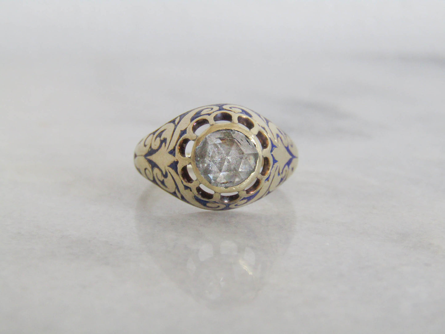 FOILED Rose Cut Diamond 14K Gold Royal Blue Enamel Ring c. 1840, Early Victorian French Royal Blue Enameled Ring