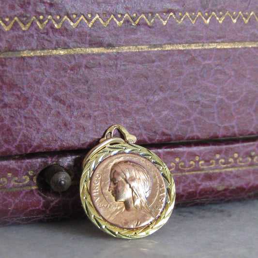 18K Gold Virgin Mary Religious Medal c. 1910 for Communion or Baptism