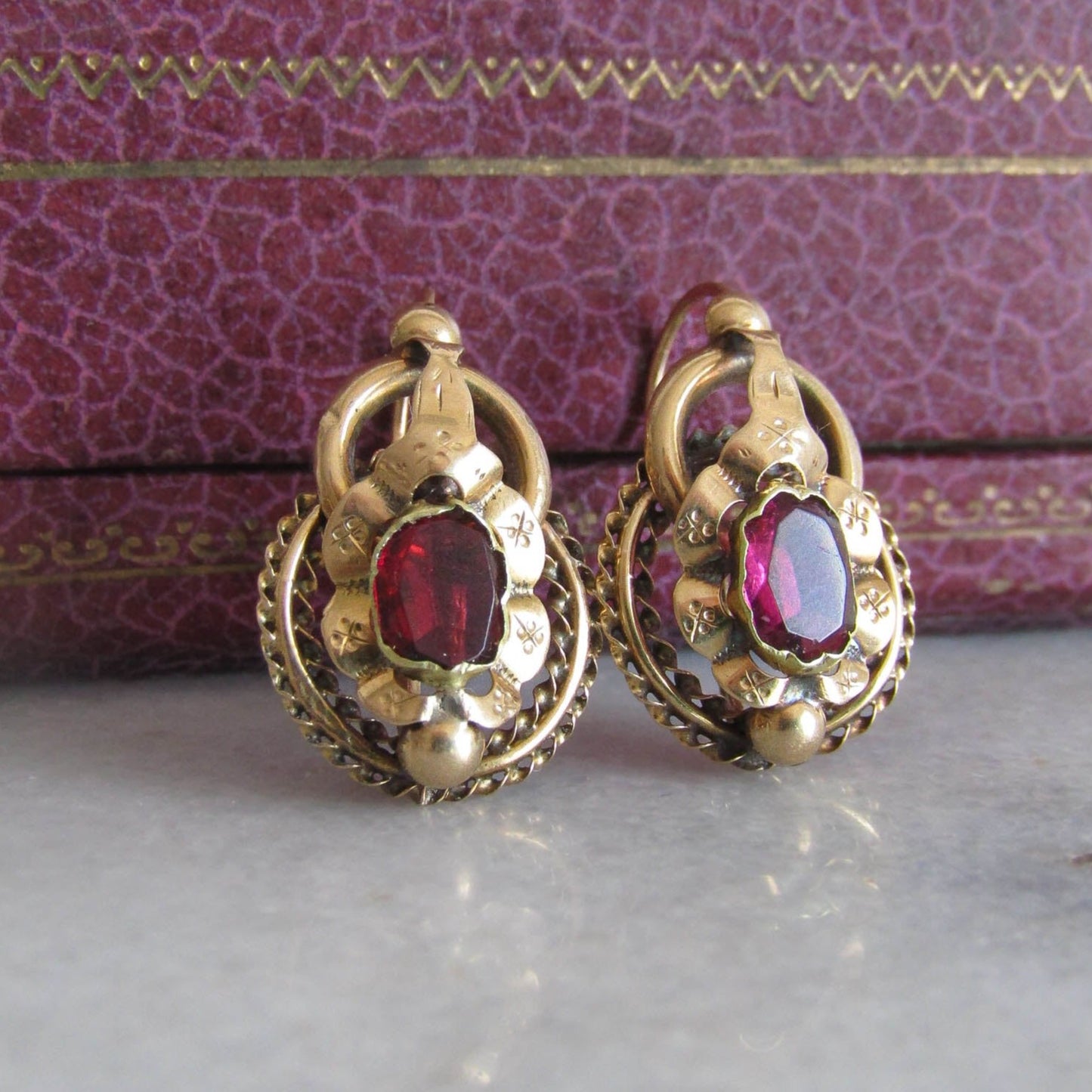 18K Antique Garnet Paste Sleeper Earrings