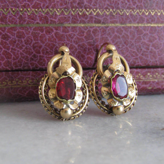 18K Antique Garnet Paste Sleeper Earrings