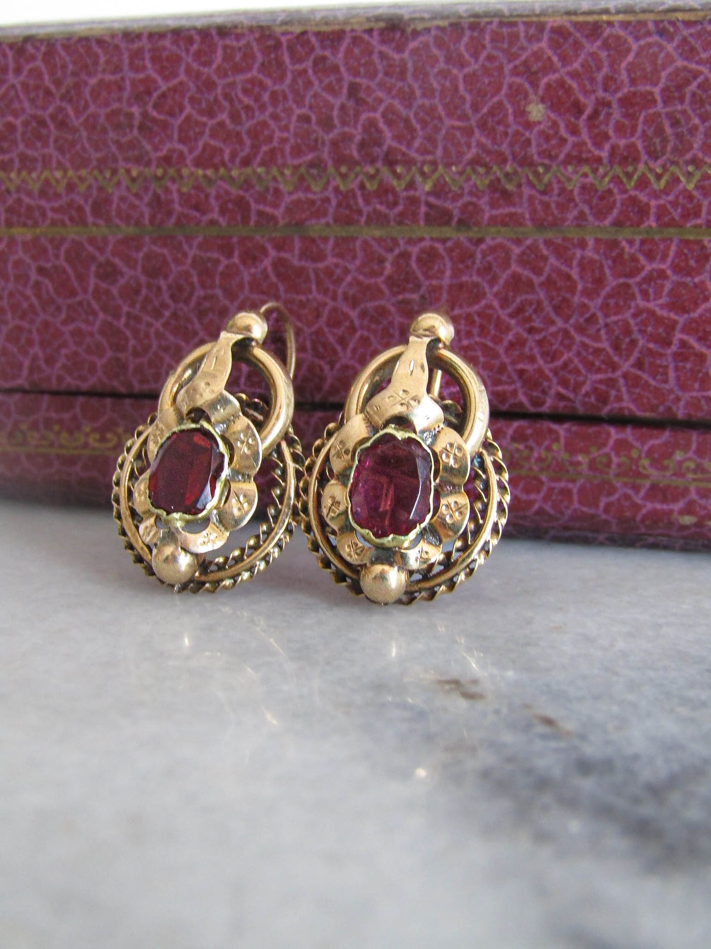 18K Antique Garnet Paste Sleeper Earrings