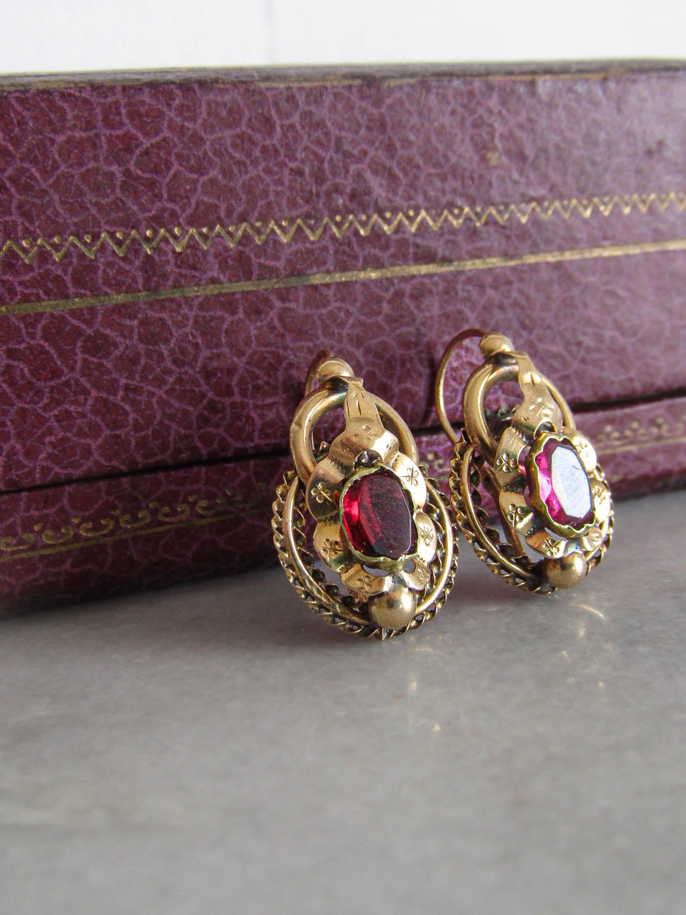 18K Antique Garnet Paste Sleeper Earrings