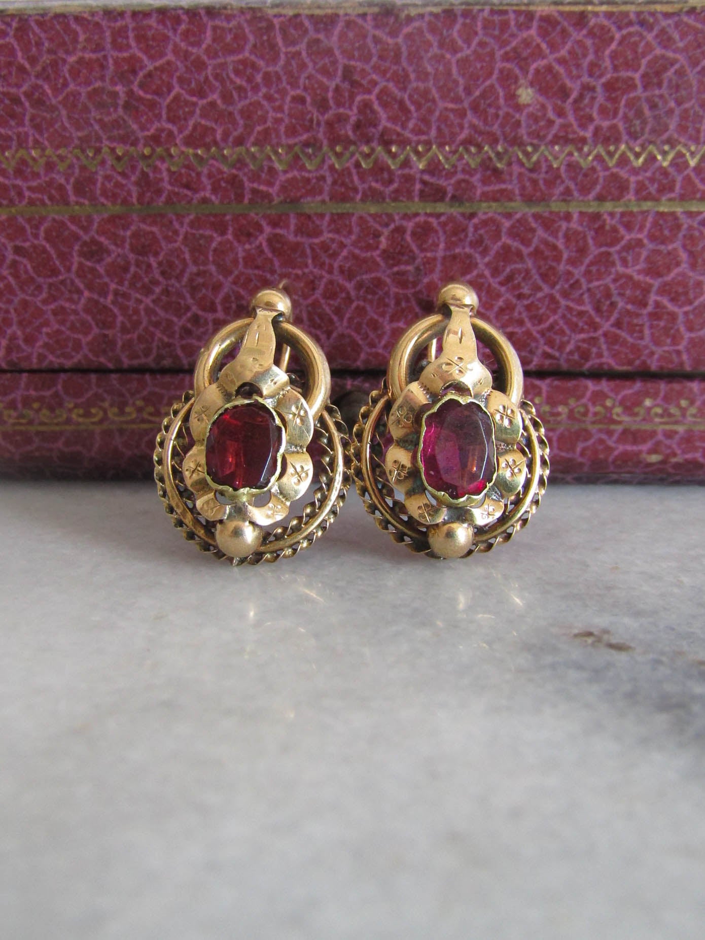 18K Antique Garnet Paste Sleeper Earrings