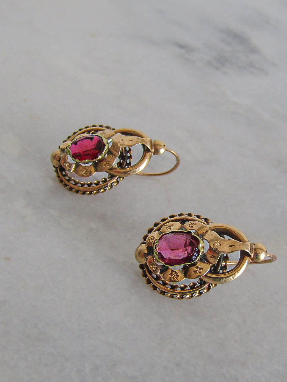 18K Antique Garnet Paste Sleeper Earrings