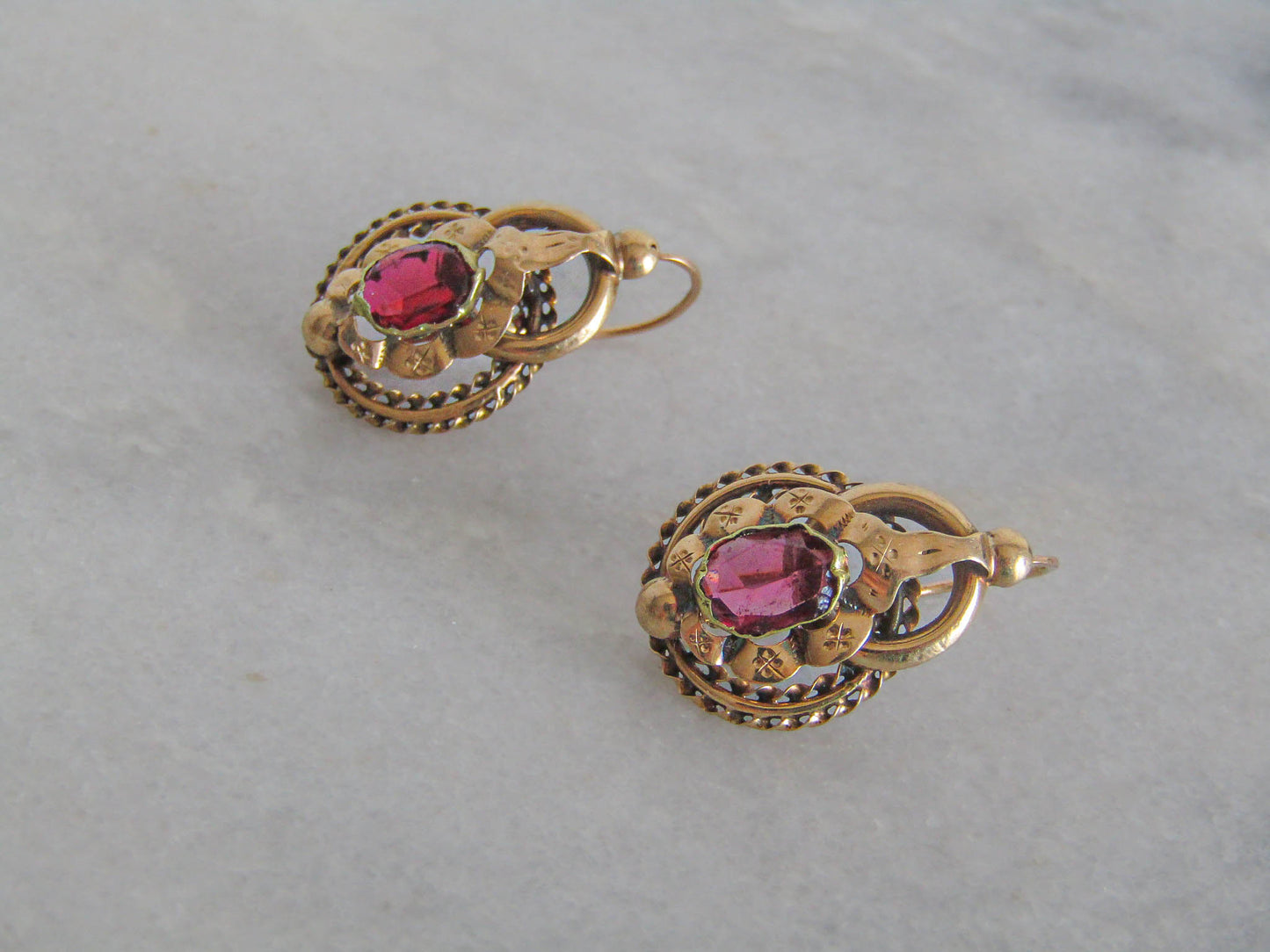 18K Antique Garnet Paste Sleeper Earrings