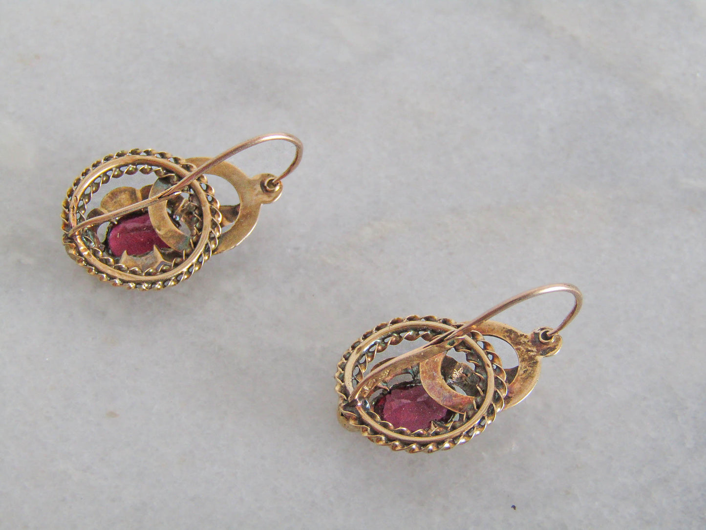 18K Antique Garnet Paste Sleeper Earrings