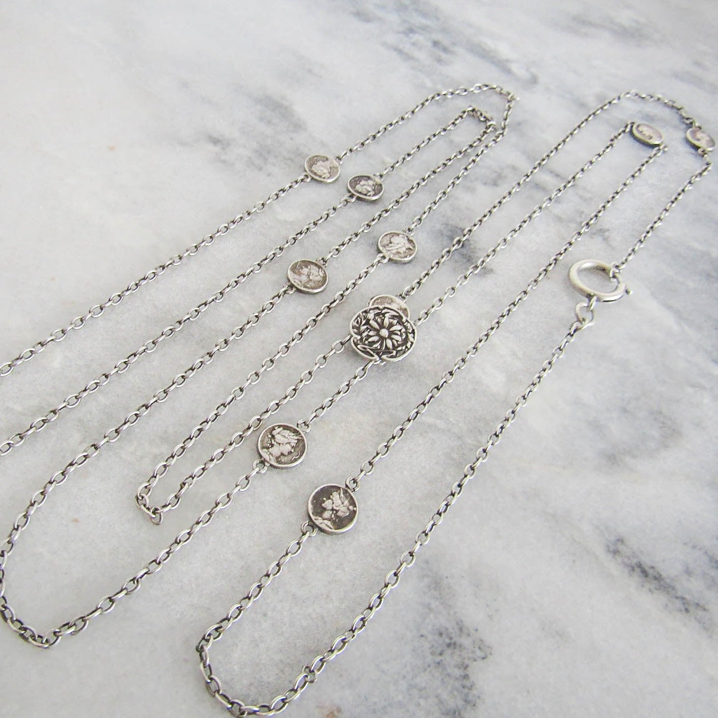 72" Silver Art Nouveau Long Guard Chain c. 1890, Antique French long Guard Chain EXTRA LONG