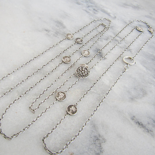 72" Silver Art Nouveau Long Guard Chain c. 1890, Antique French long Guard Chain EXTRA LONG