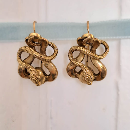 Antique 18K Snake Earrings, Victorian Belle Epoque Sleeper Earrings, Napoleon III Serpent Dormeuse c. 1860