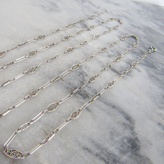 Antique Silver Long Guard Chain, Victorian Silver Filigree Chain c. 1900
