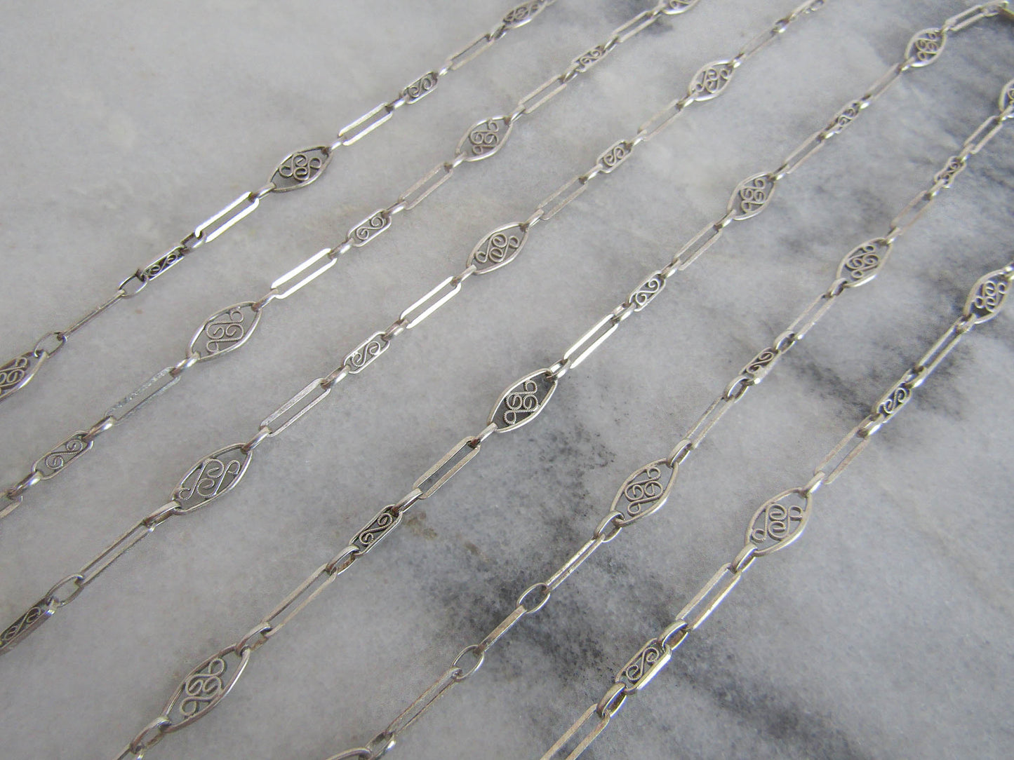 Antique Silver Long Guard Chain, Victorian Silver Filigree Chain c. 1900