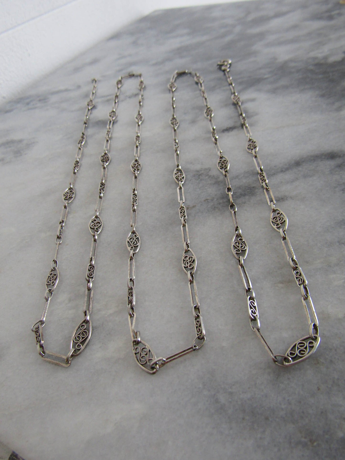 Antique Silver Long Guard Chain, Victorian Silver Filigree Chain c. 1900