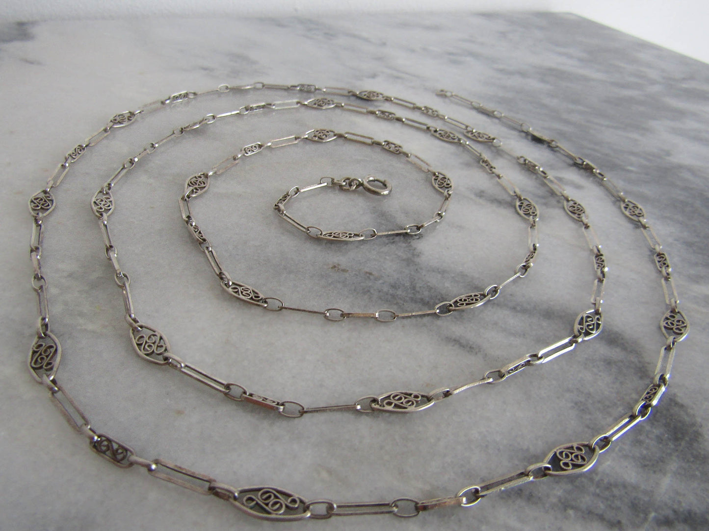 Antique Silver Long Guard Chain, Victorian Silver Filigree Chain c. 1900