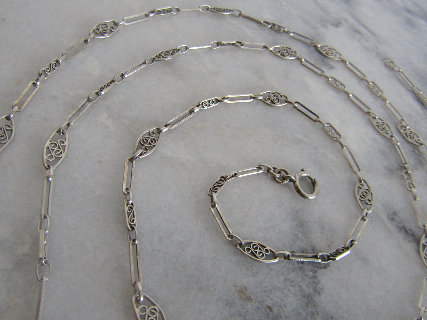 Antique Silver Long Guard Chain, Victorian Silver Filigree Chain c. 1900