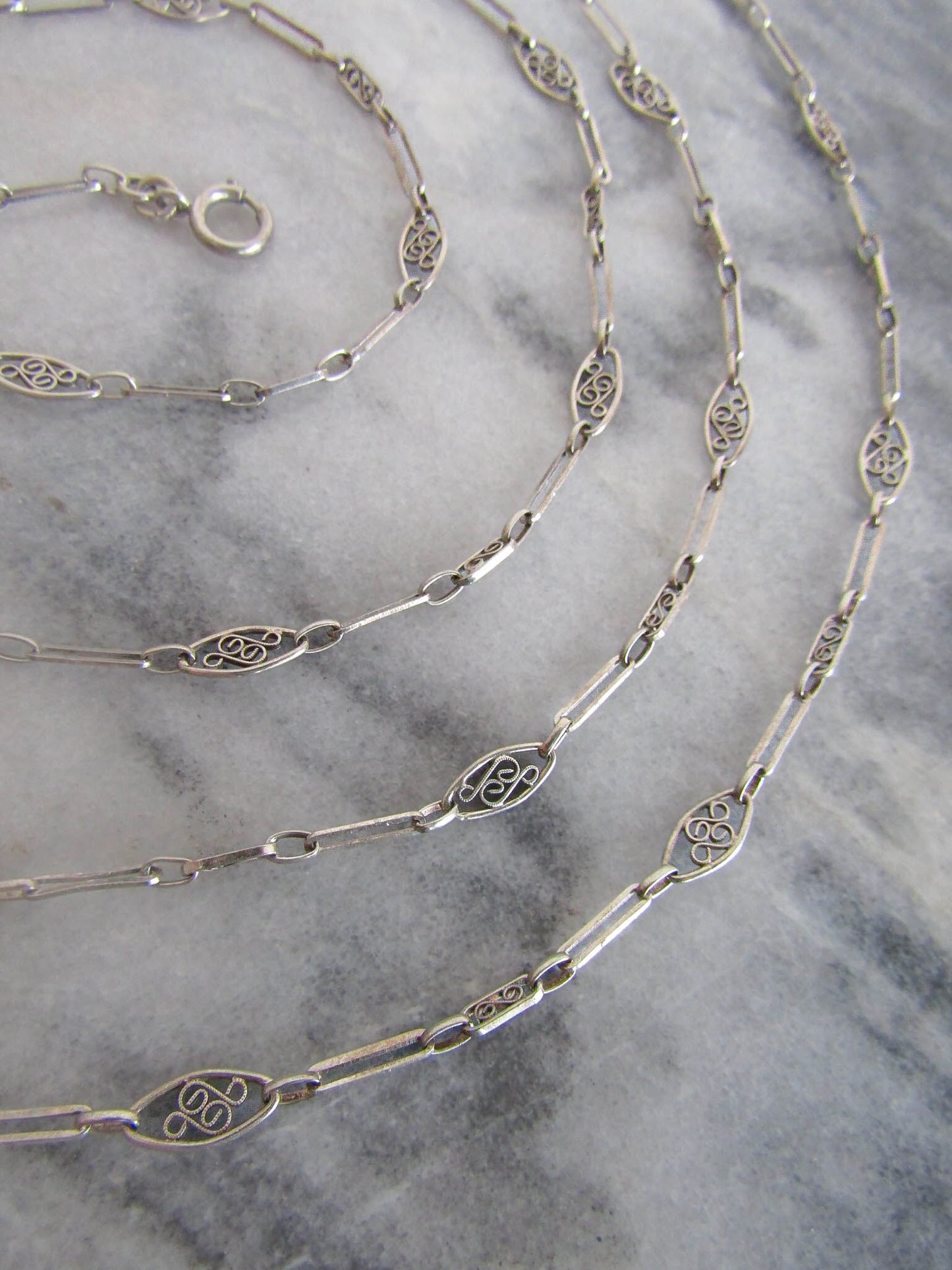 Antique Silver Long Guard Chain, Victorian Silver Filigree Chain c. 1900