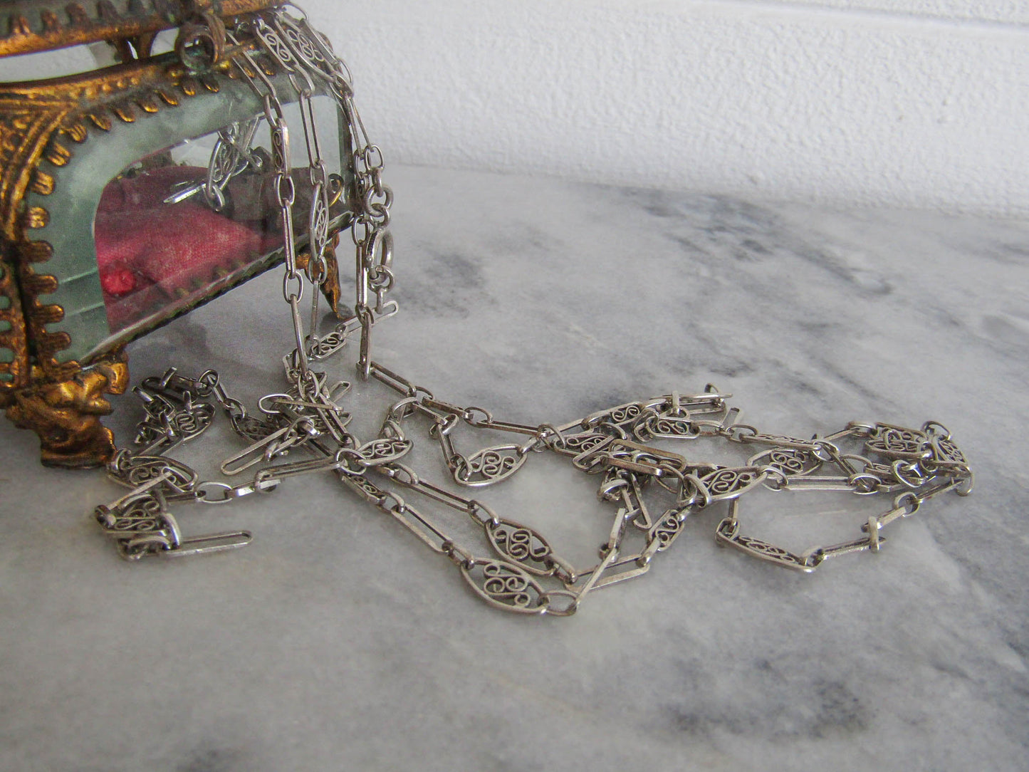 Antique Silver Long Guard Chain, Victorian Silver Filigree Chain c. 1900