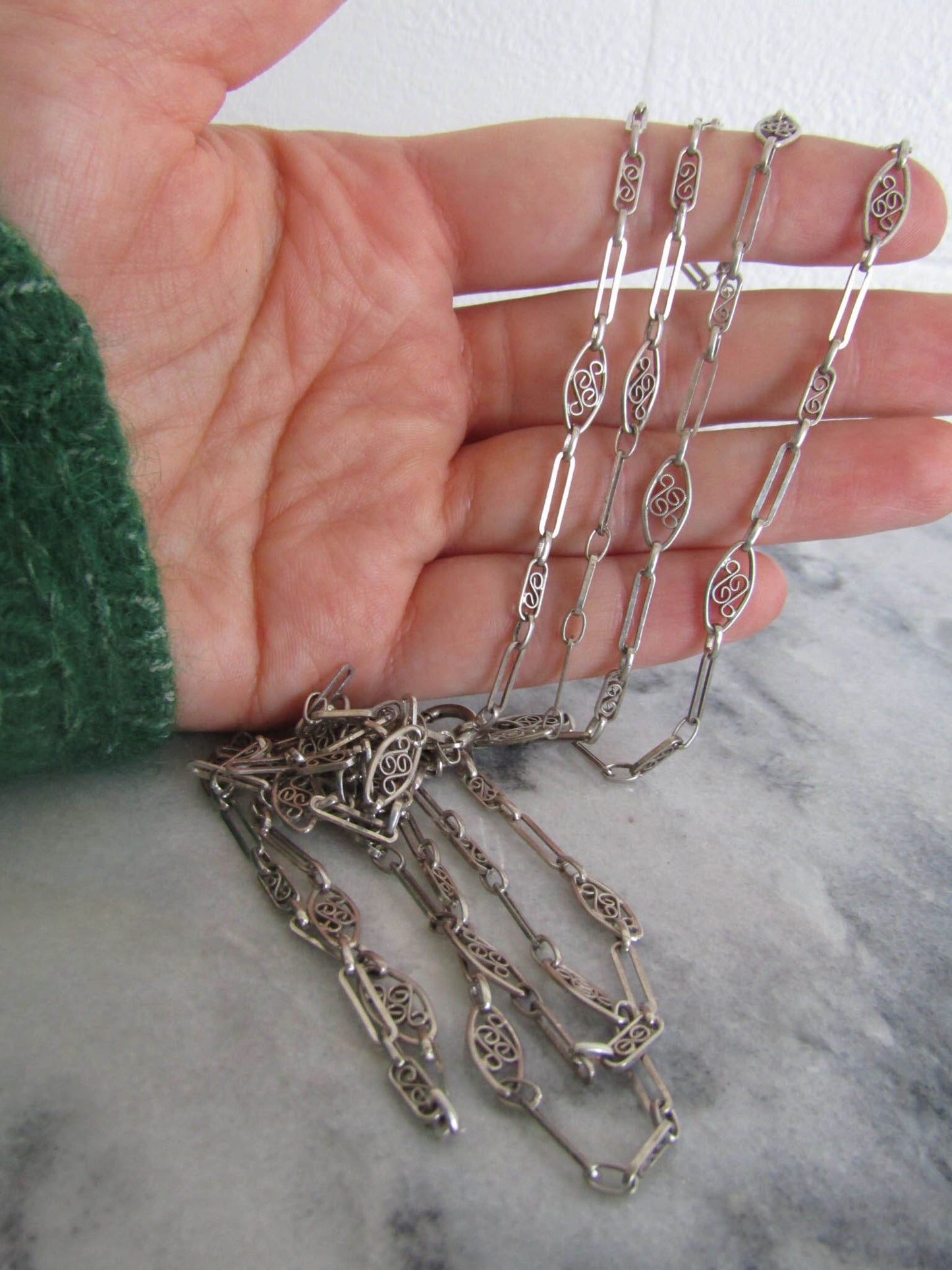 Antique Silver Long Guard Chain, Victorian Silver Filigree Chain c. 1900