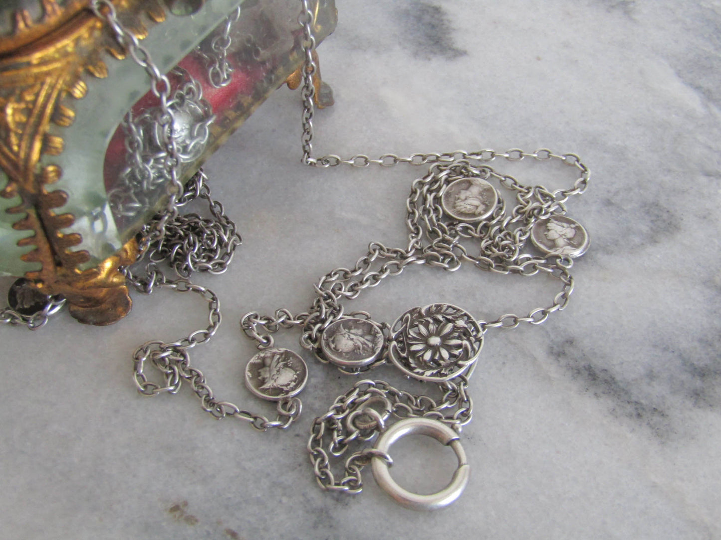 72" Silver Art Nouveau Long Guard Chain c. 1890, Antique French long Guard Chain EXTRA LONG