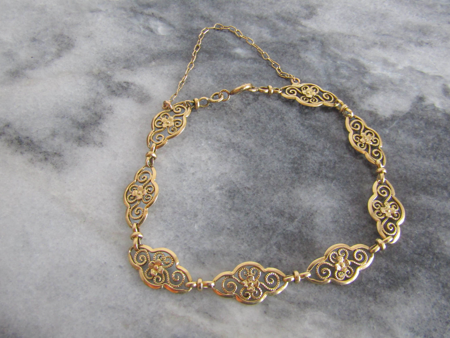 18K Floral Antique Filigree Bracelet c. 1900, Antique Art Nouveau Bracelet with Security Chain