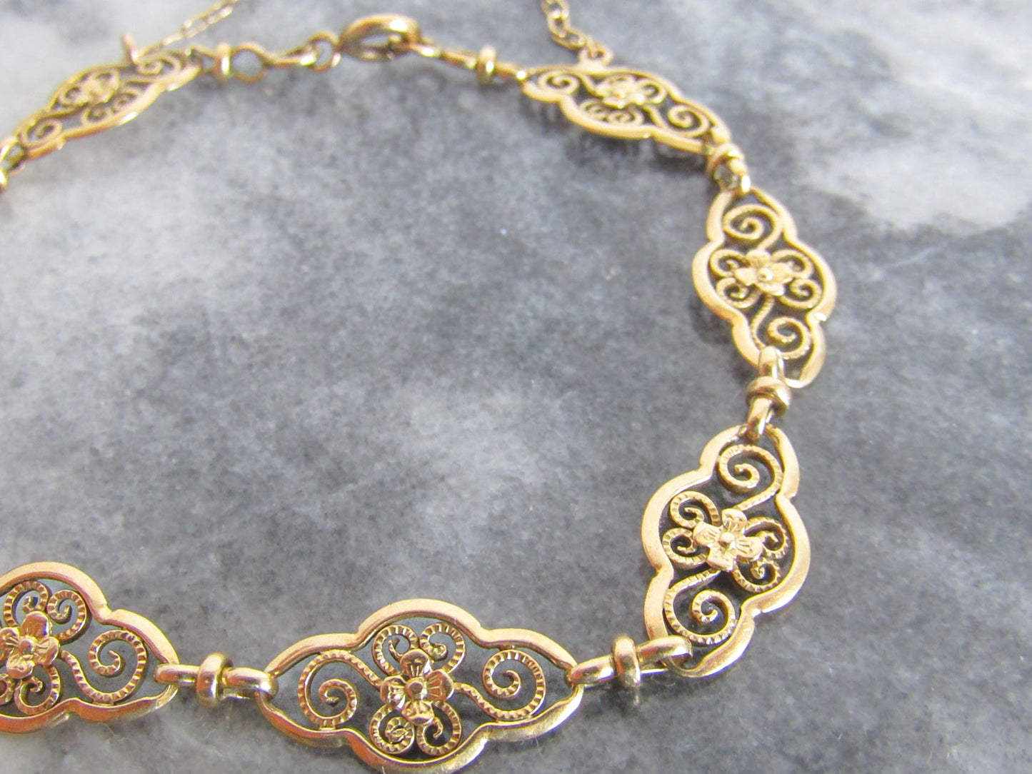 18K Floral Antique Filigree Bracelet c. 1900, Antique Art Nouveau Bracelet with Security Chain