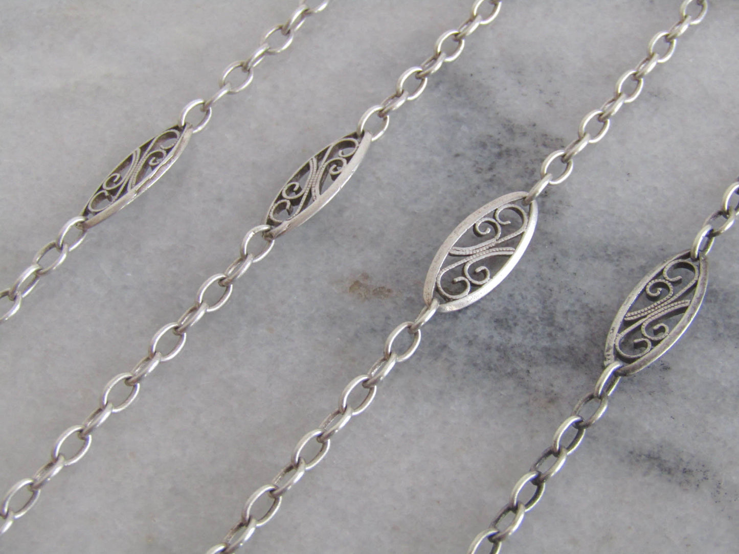 31" Silver Victorian Filigree Half Guard Chain