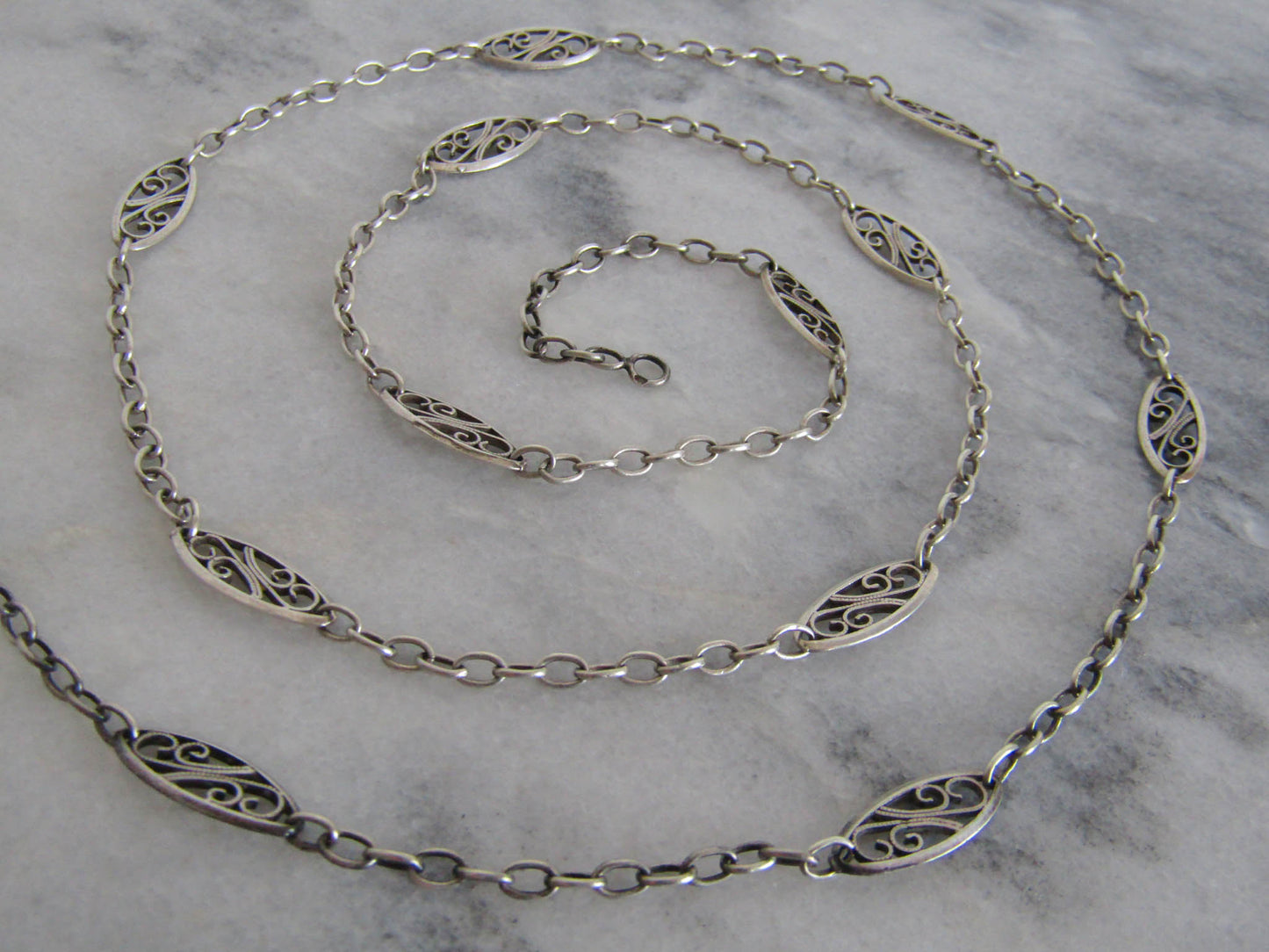 31" Silver Victorian Filigree Half Guard Chain