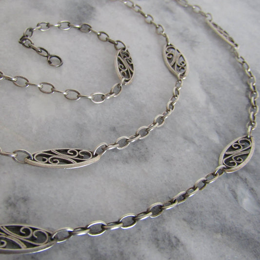 31" Silver Victorian Filigree Half Guard Chain