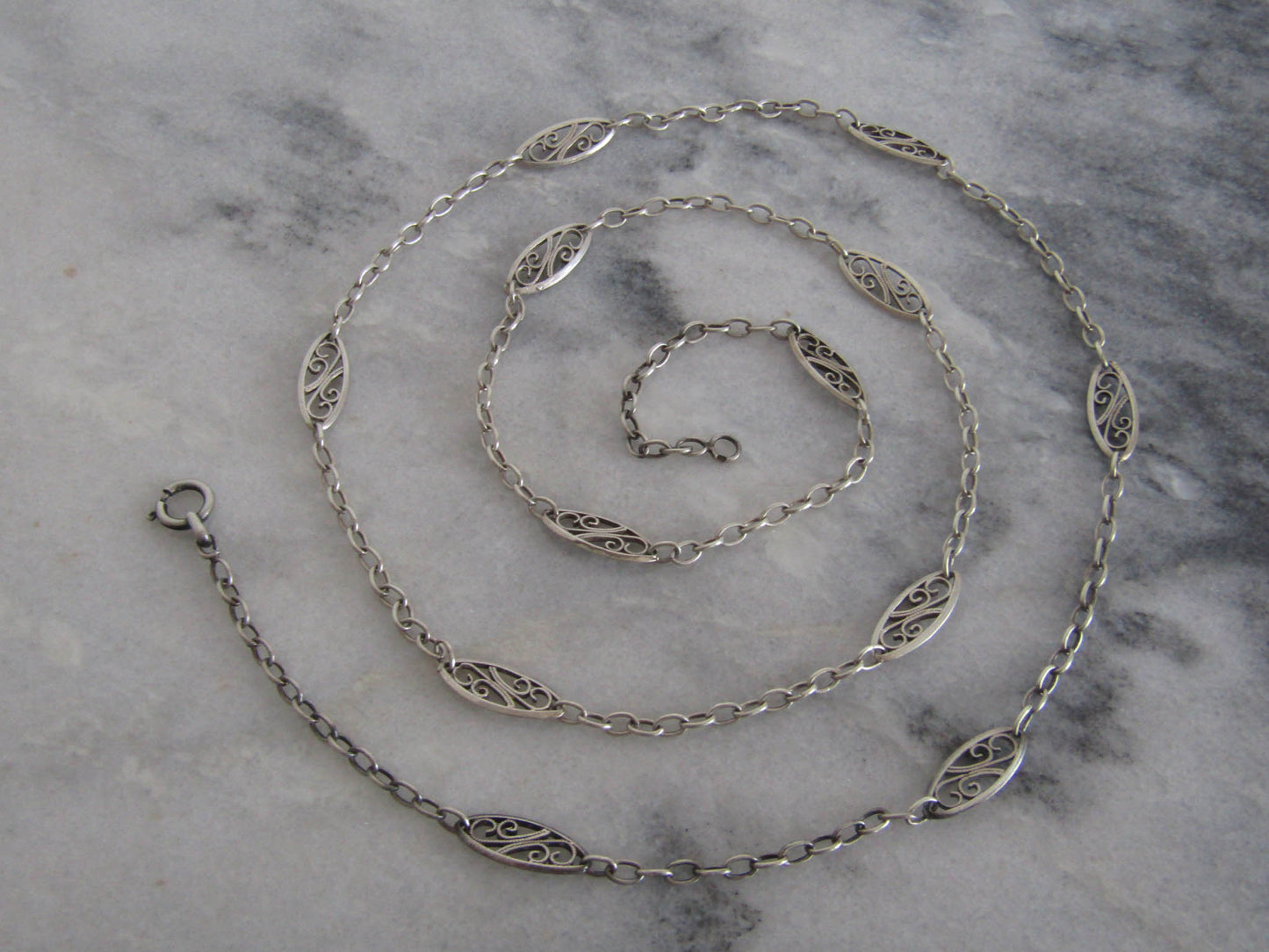 31" Silver Victorian Filigree Half Guard Chain