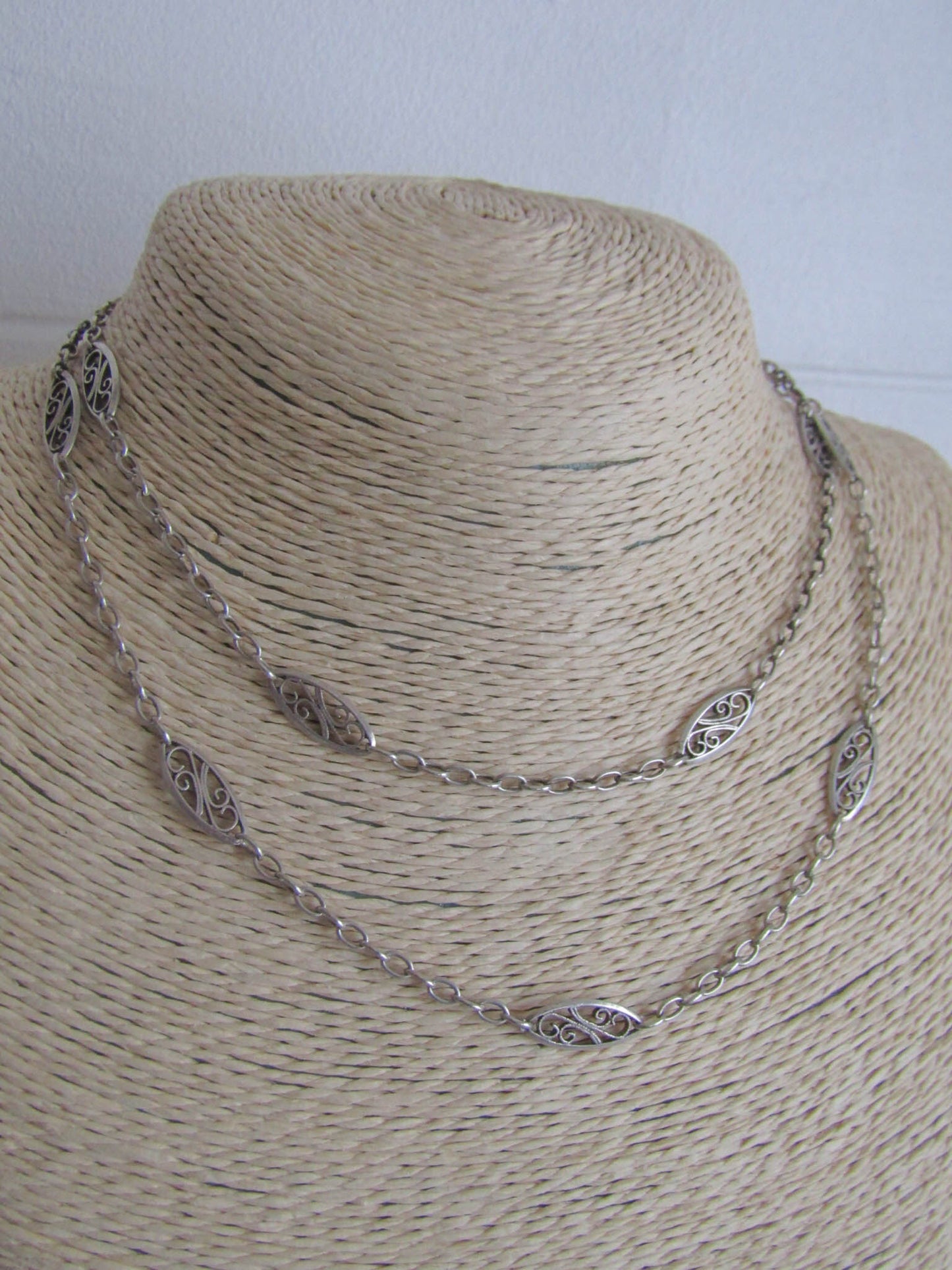 31" Silver Victorian Filigree Half Guard Chain