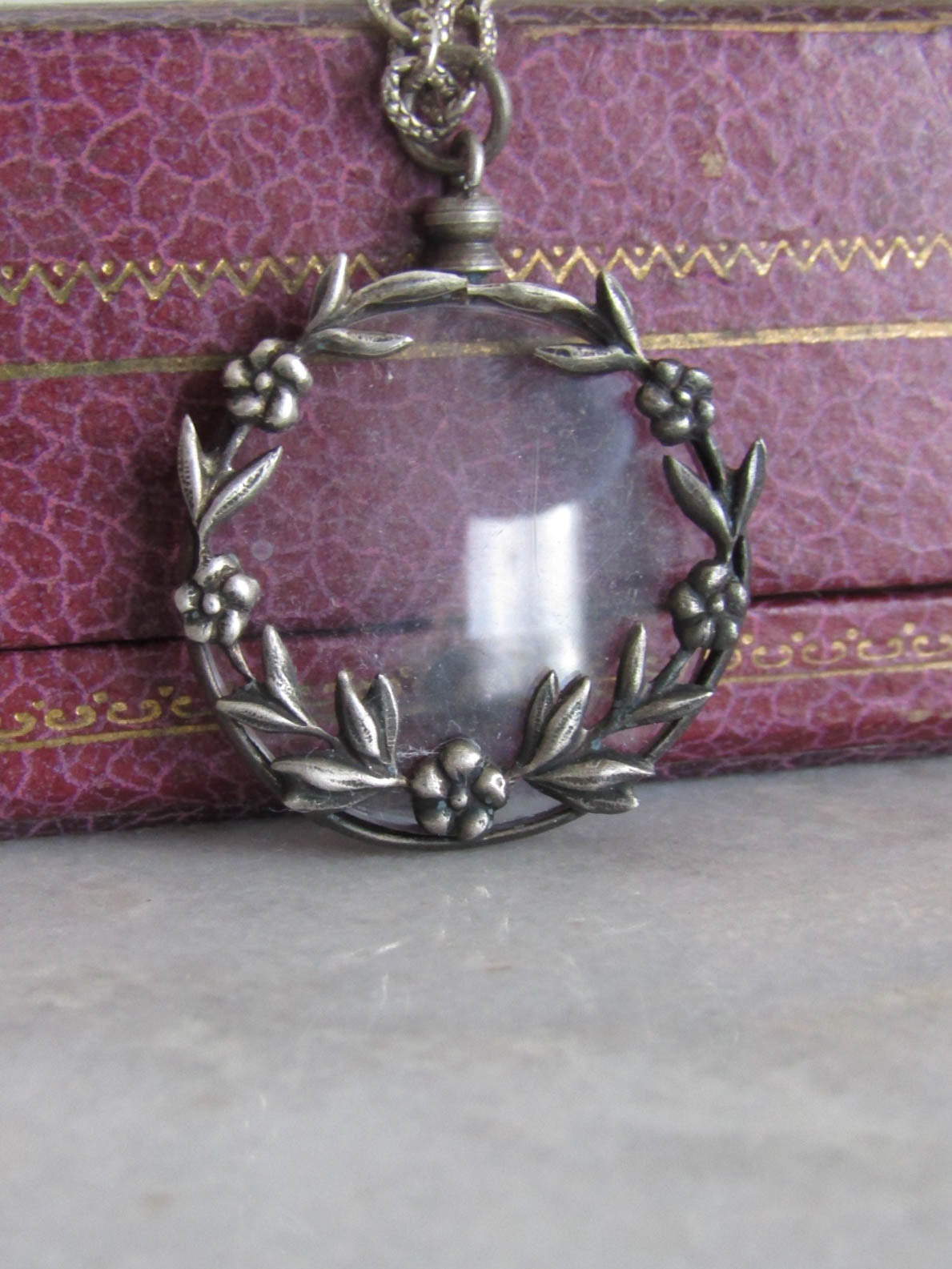 Antique French Round Silver Plate Photo Locket with Flowers c. 1920 and textured chain