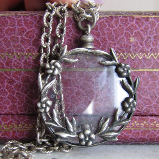 Antique French Round Silver Plate Photo Locket with Flowers c. 1920 and textured chain