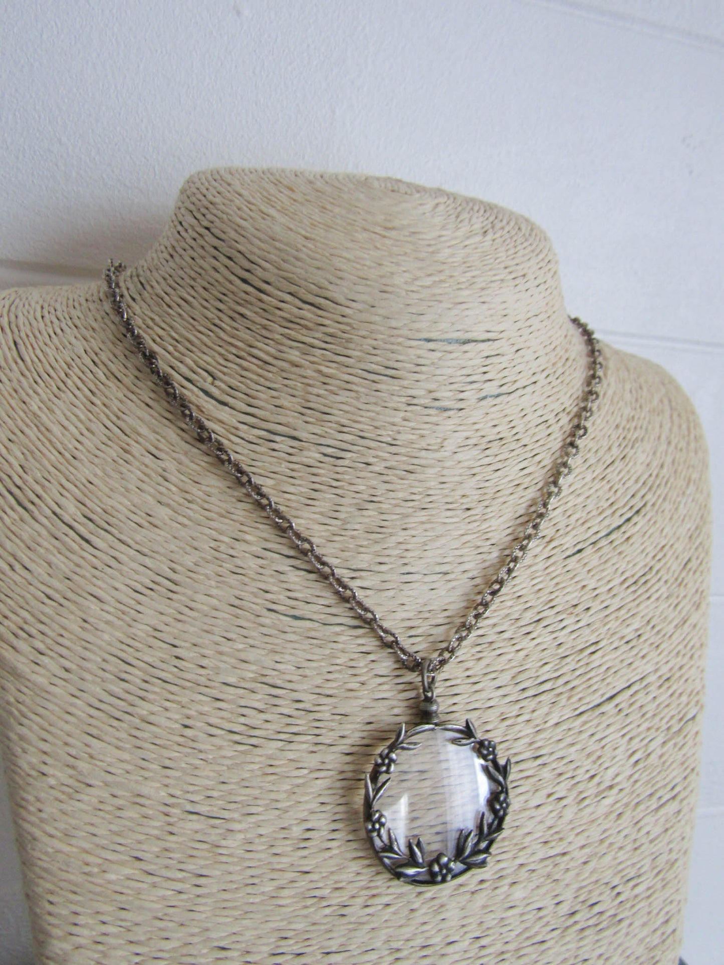 Antique French Round Silver Plate Photo Locket with Flowers c. 1920 and textured chain