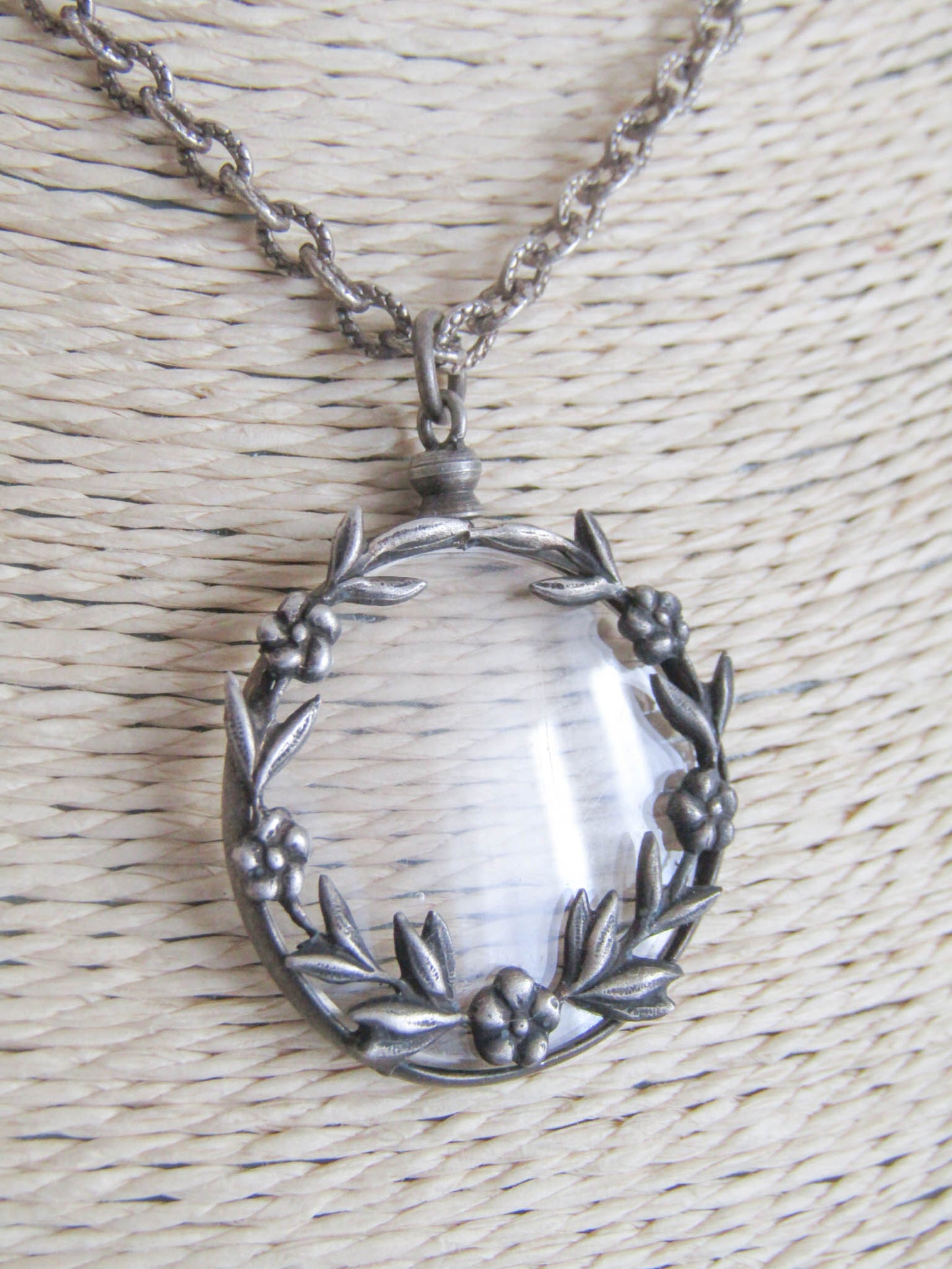 Antique French Round Silver Plate Photo Locket with Flowers c. 1920 and textured chain