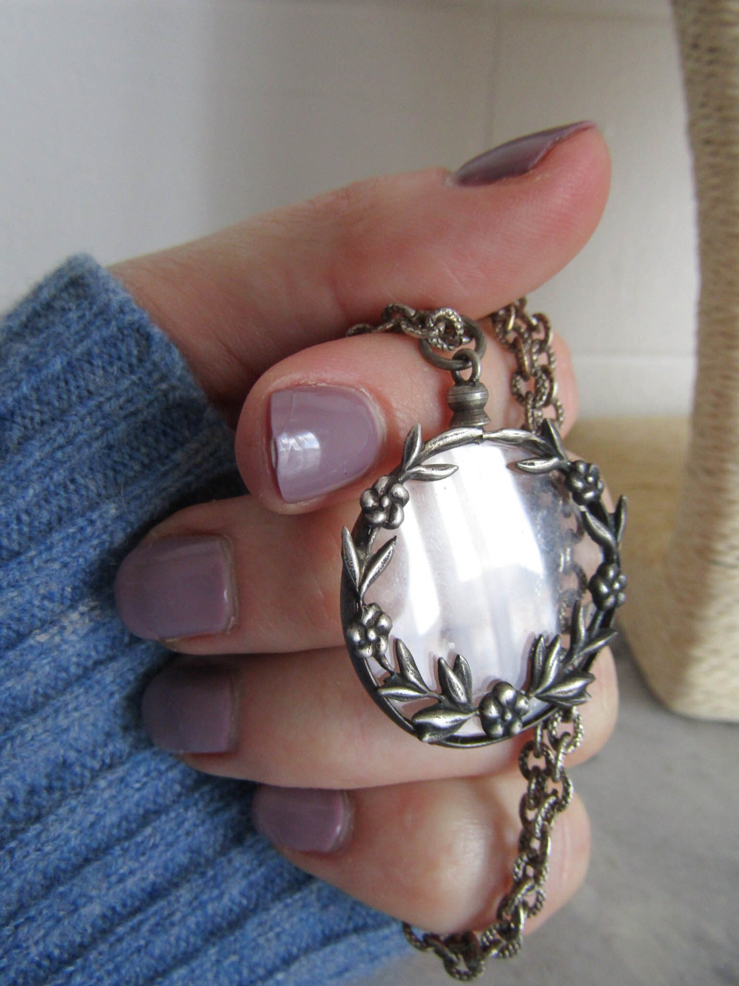 Antique French Round Silver Plate Photo Locket with Flowers c. 1920 and textured chain