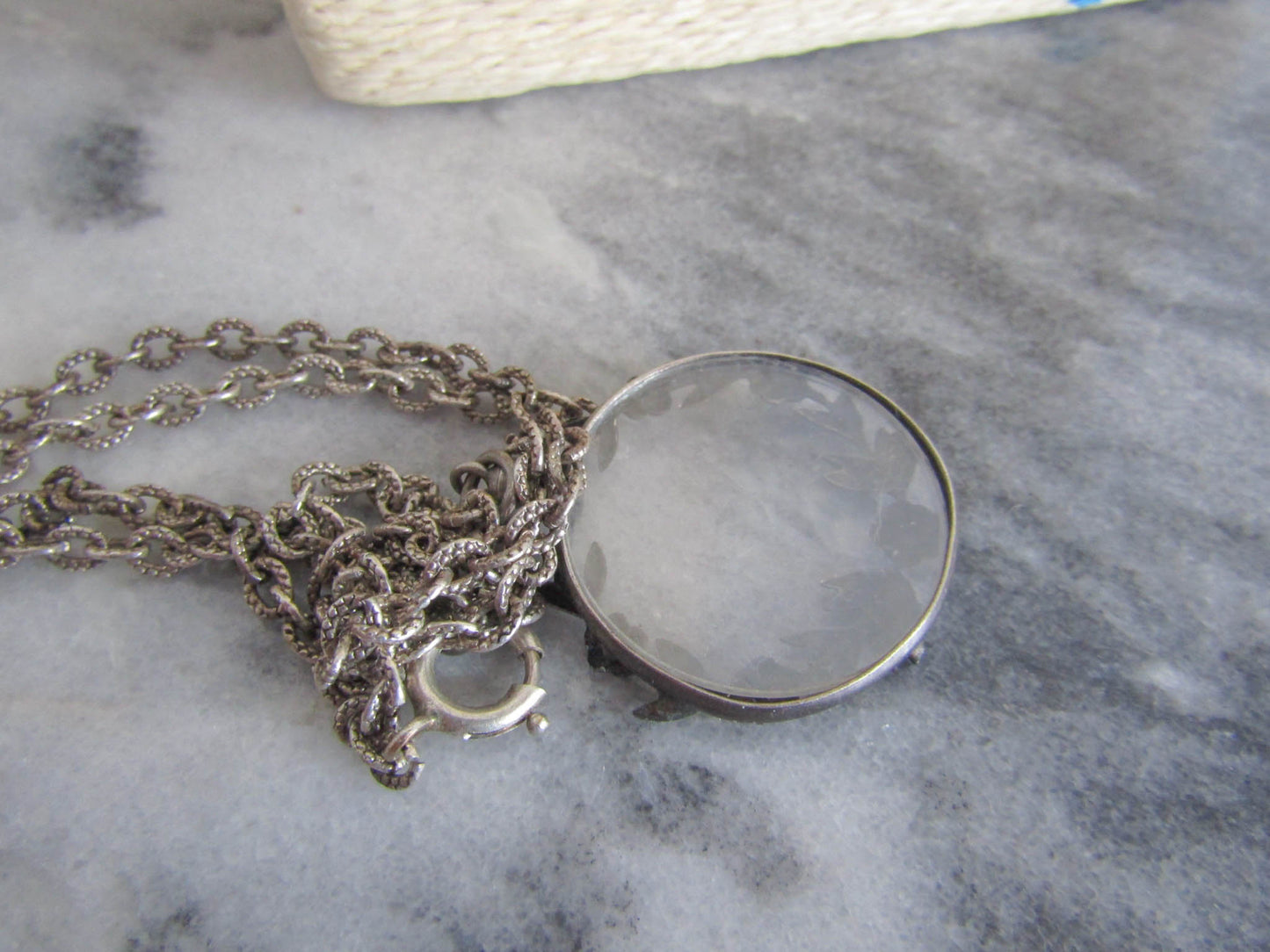 Antique French Round Silver Plate Photo Locket with Flowers c. 1920 and textured chain