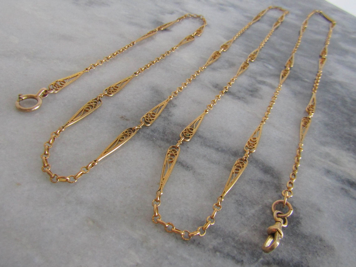 60" Antique Gold Filled Longuard Chain, Victorian Long Muff Gold Chain with Teardrop Links c. 1900