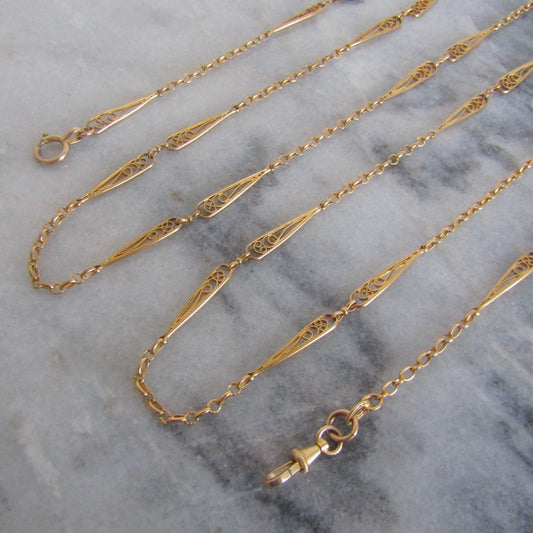 60" Antique Gold Filled Longuard Chain, Victorian Long Muff Gold Chain with Teardrop Links c. 1900