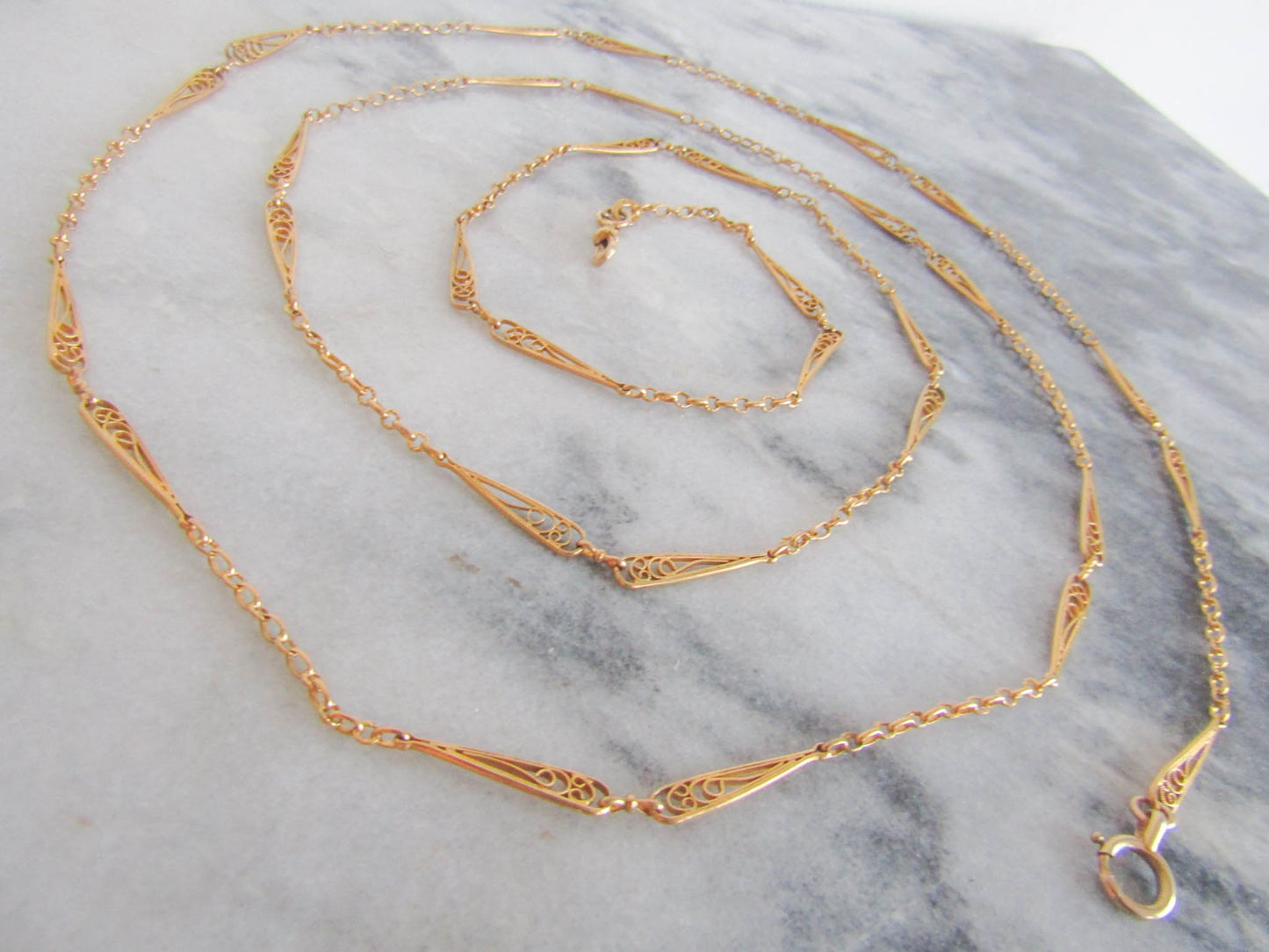 60" Antique Gold Filled Longuard Chain, Victorian Long Muff Gold Chain with Teardrop Links c. 1900