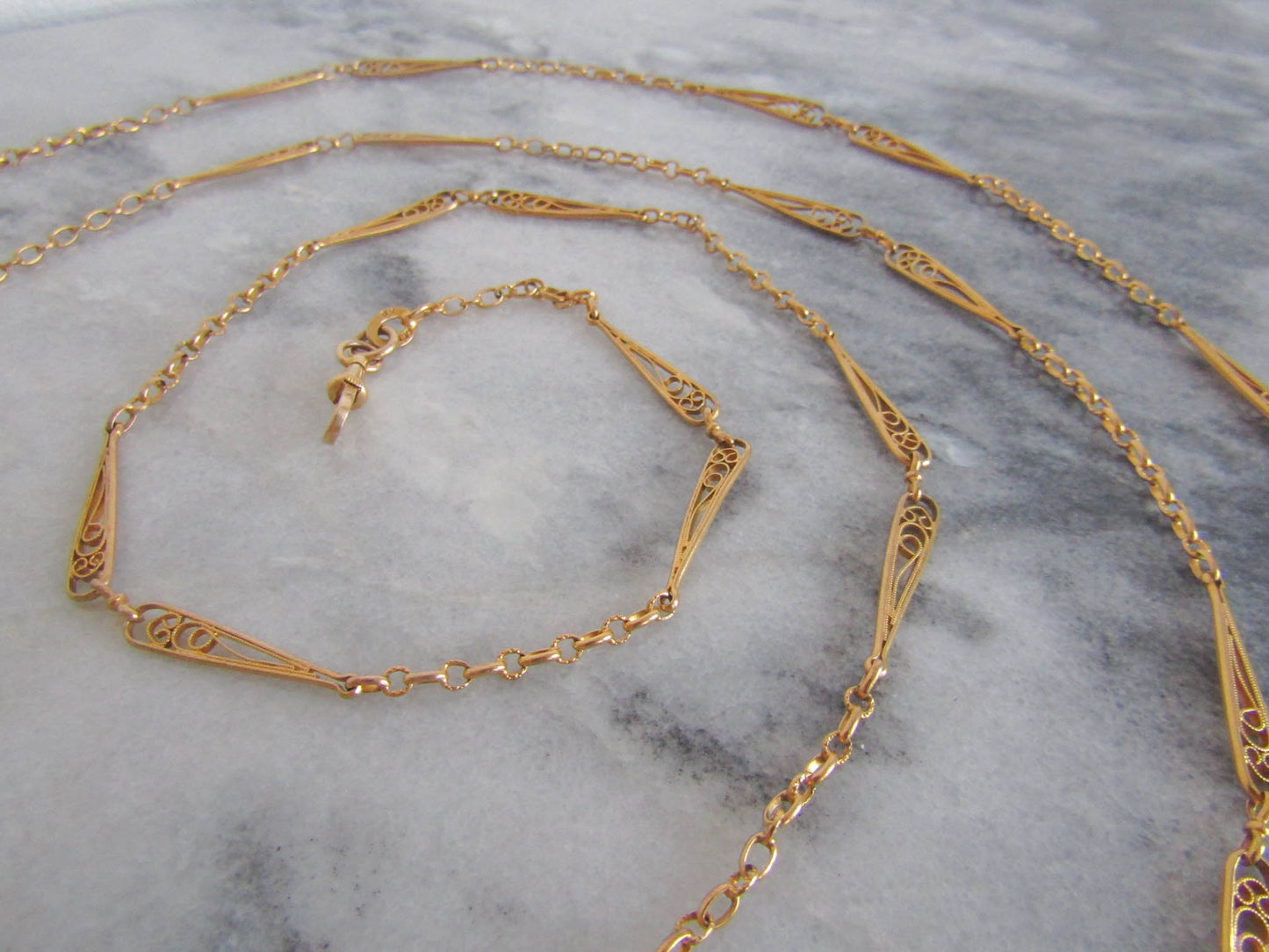 60" Antique Gold Filled Longuard Chain, Victorian Long Muff Gold Chain with Teardrop Links c. 1900