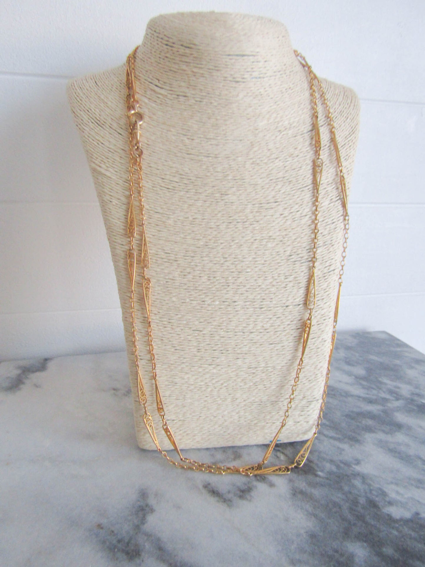 60" Antique Gold Filled Longuard Chain, Victorian Long Muff Gold Chain with Teardrop Links c. 1900